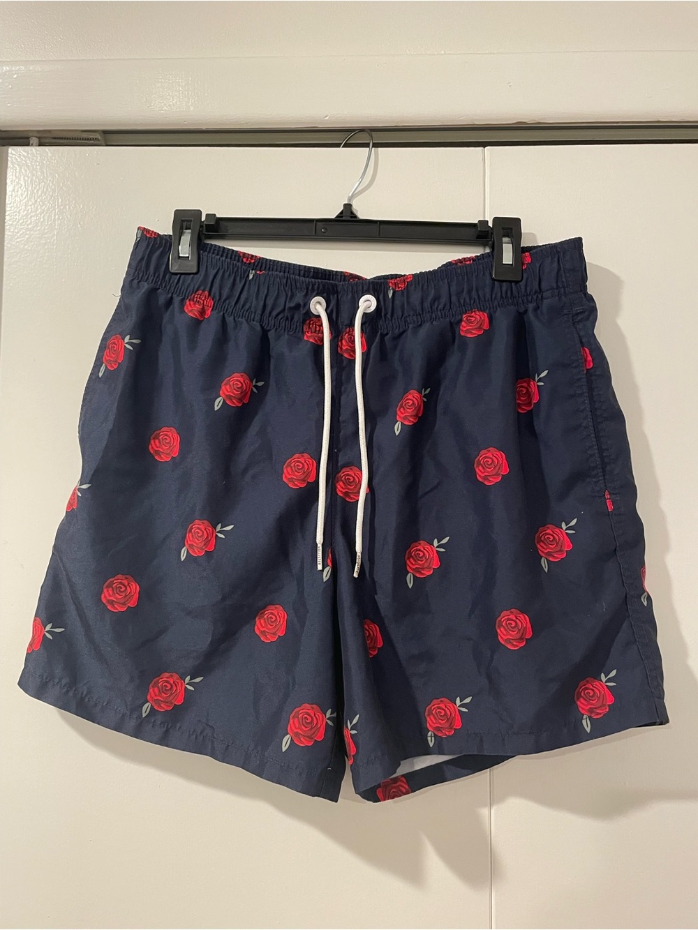 Men's Hollister Navy Swim Trunks with Red Rose Print